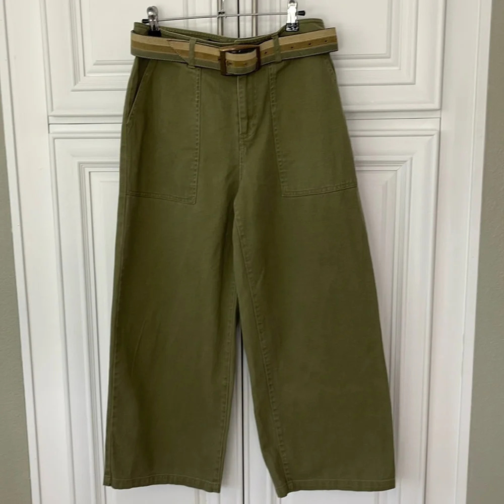 Who What Wear Olive cropped high rise Wide Leg Pants Sz 6 / GAP belt size M 34 - Picture 2 of 16